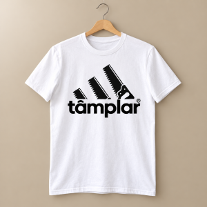 Tricou alb cu trei fierăstraie negre stilizate și textul tâmplar