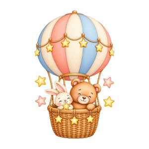 Sticker perete reaplicabil – Ursulache și iepurașul în balon cu aer cald