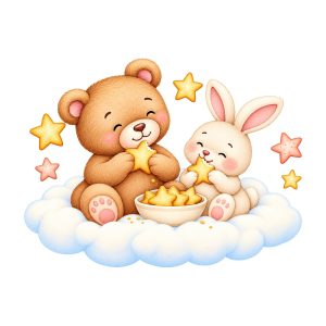 Sticker perete reaplicabil – Ursulache și iepurașul savurând steluțe