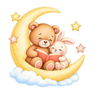 Sticker perete reaplicabil – Ursulache și iepurașul citind povești pe semilună