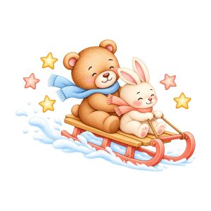 Sticker perete reaplicabil – Ursulache și iepurașul cu săniuța
