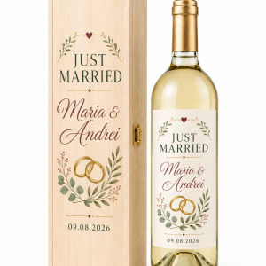 Sticlă cu etichetă și cutie din lemn Just Married, personalizate Maria și Andrei 09.08.2026, cu verighete și frunze