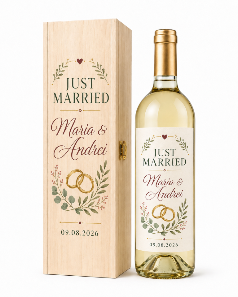 Sticlă cu etichetă și cutie din lemn Just Married, personalizate Maria și Andrei 09.08.2026, cu verighete și frunze