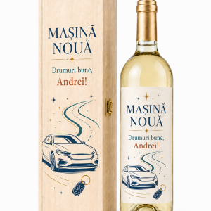 Sticlă cu etichetă și cutie din lemn Mașină nouă, personalizate cu Drumuri bune Andrei, automobil și cheie